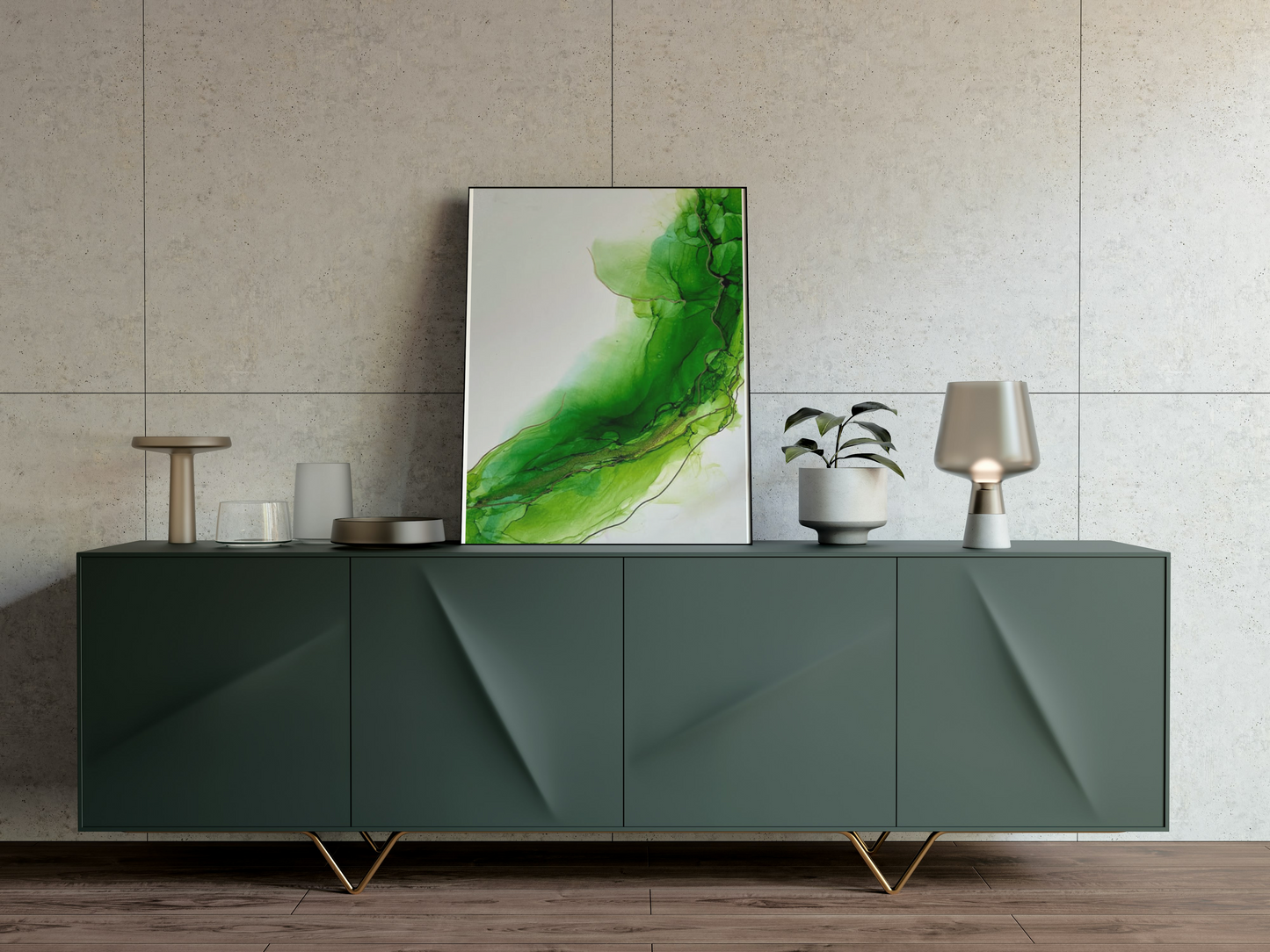 Green wave alcohol ink displayed in a living room .